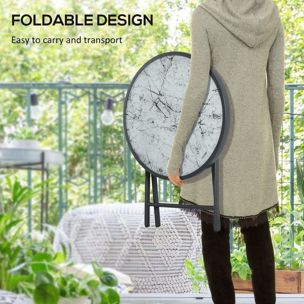 image-Outsunny Round Folding Side Table w/ Imitation Marble Glass Top, White