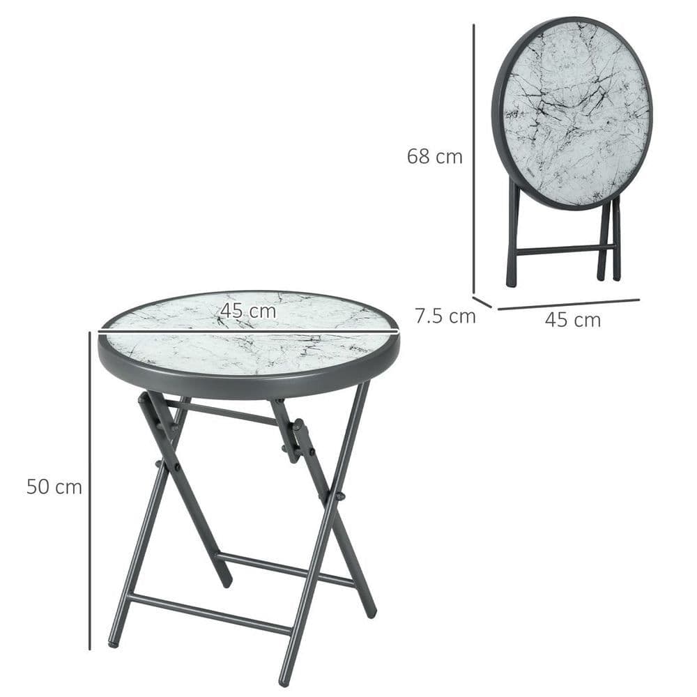 image-Outsunny Round Folding Side Table w/ Imitation Marble Glass Top, White