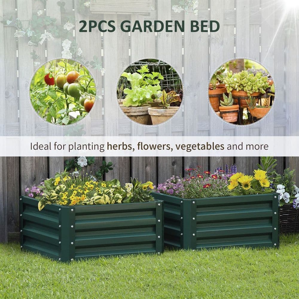 image-Outsunny Set of 2 Raised Garden Bed Galvanised Planter Box Easy Setup Green
