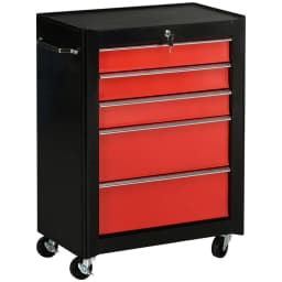 image-HOMCOM 5-Drawer Lockable Steel Tool Storage Cabinet Wheels Handle 2 Keys Red