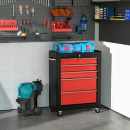 image-HOMCOM 5-Drawer Lockable Steel Tool Storage Cabinet Wheels Handle 2 Keys Red