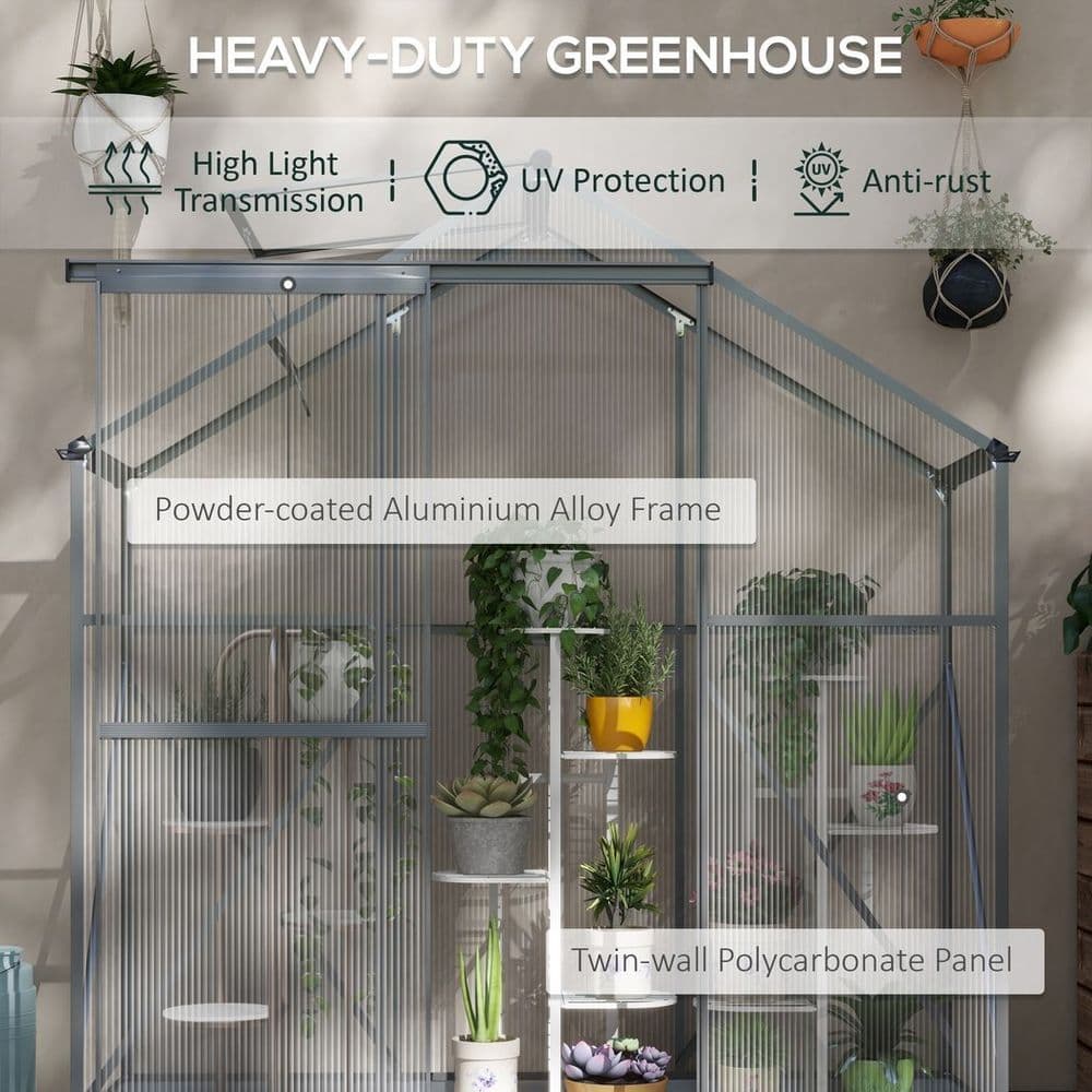 image-Outsunny 6 x 2.5ft Polycarbonate Greenhouse Aluminium Green House, Dark Grey