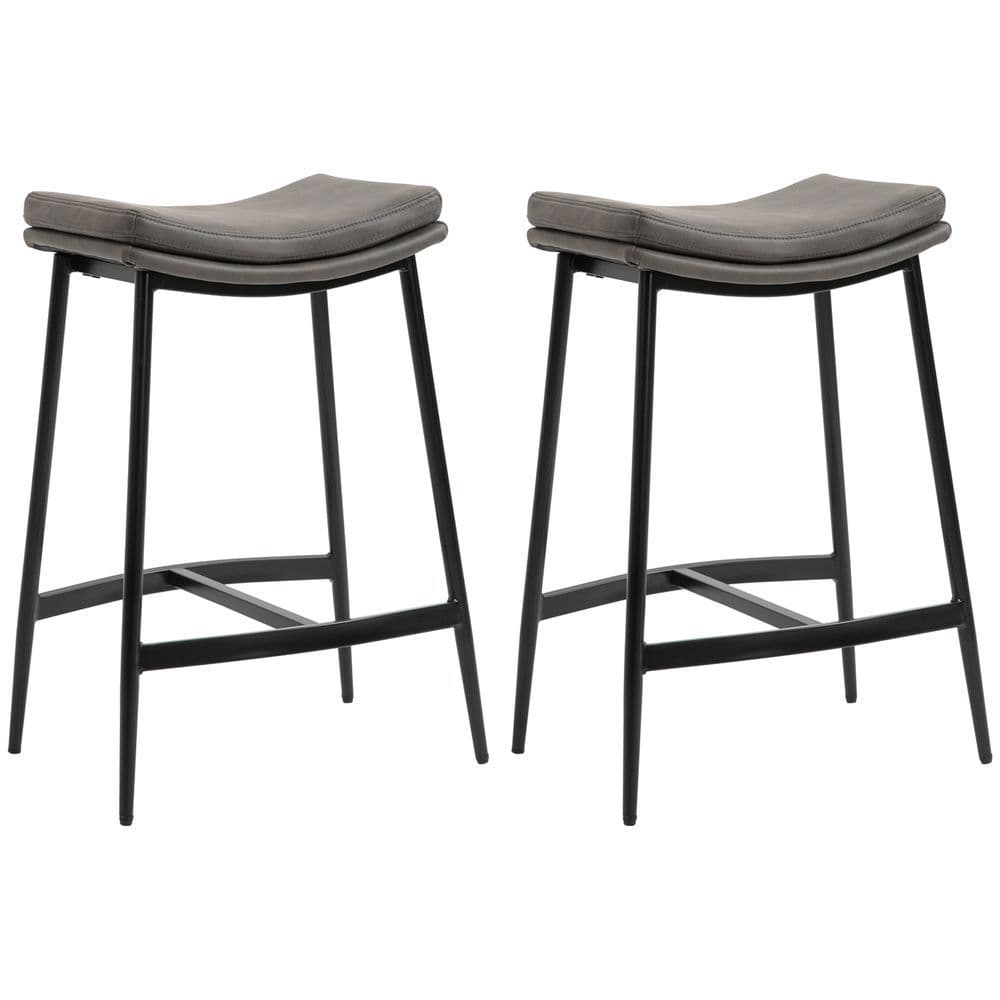 image-HOMCOM Breakfast Bar Stools Set of 2 Upholstered Barstools w/ Curved Seat Grey