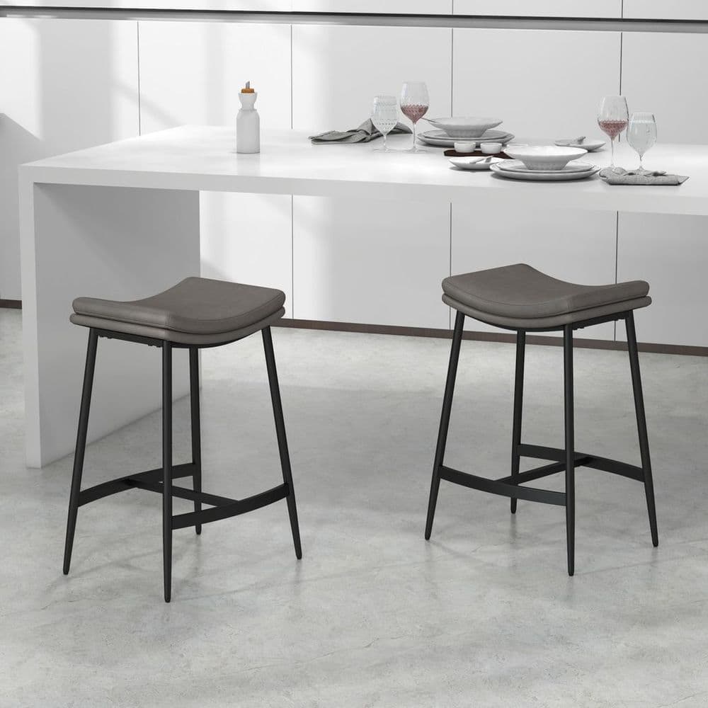 image-HOMCOM Breakfast Bar Stools Set of 2 Upholstered Barstools w/ Curved Seat Grey