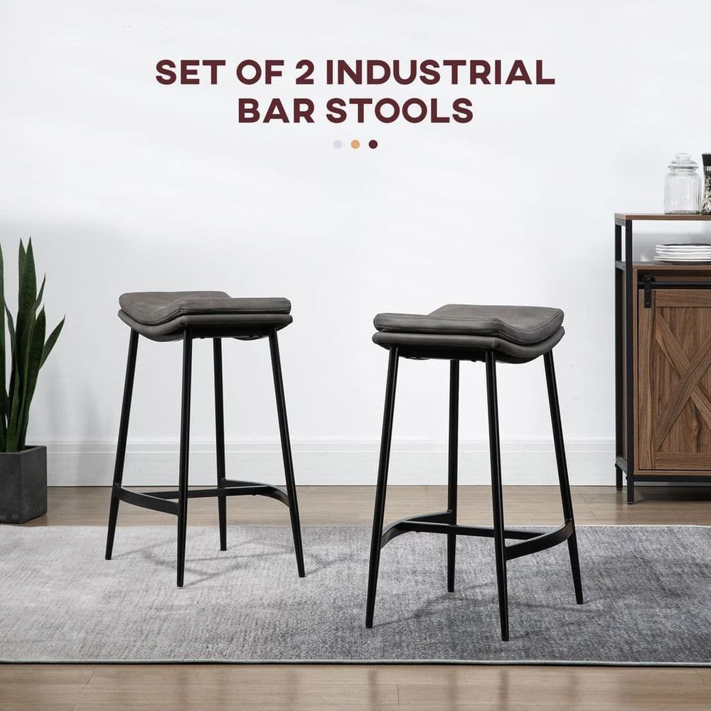 image-HOMCOM Breakfast Bar Stools Set of 2 Upholstered Barstools w/ Curved Seat Grey