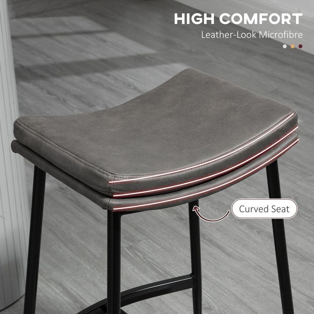 image-HOMCOM Breakfast Bar Stools Set of 2 Upholstered Barstools w/ Curved Seat Grey