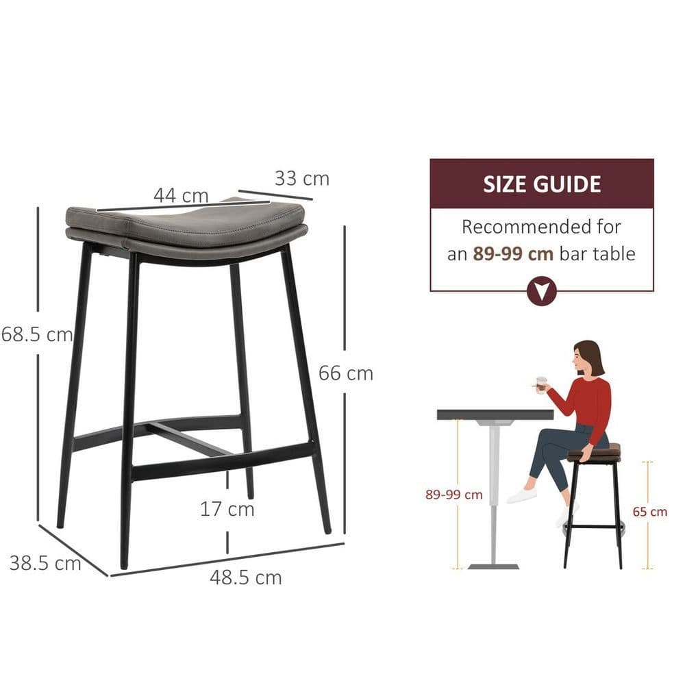 image-HOMCOM Breakfast Bar Stools Set of 2 Upholstered Barstools w/ Curved Seat Grey