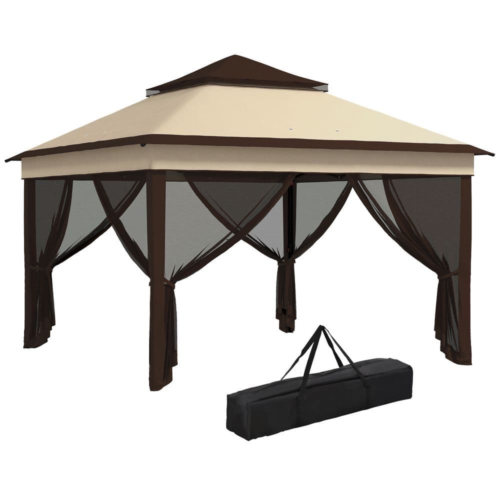 image-Outsunny 3 x 3(m) Pop Up Gazebo Tent with Netting, Height Adjustable, Beige