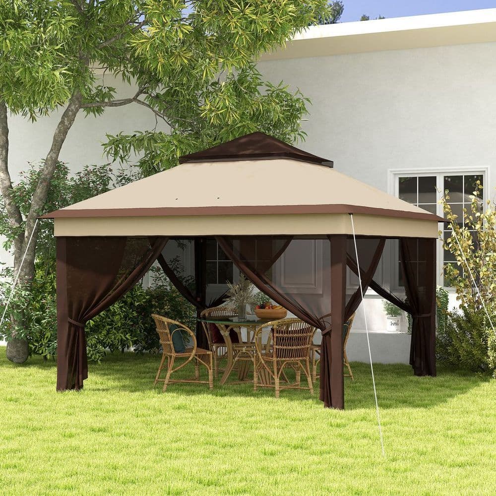 image-Outsunny 3 x 3(m) Pop Up Gazebo Tent with Netting, Height Adjustable, Beige