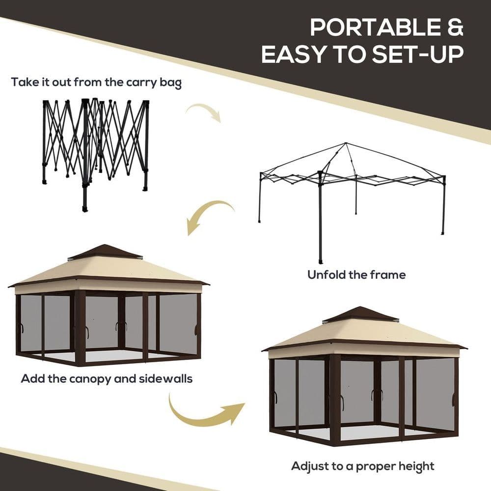 image-Outsunny 3 x 3(m) Pop Up Gazebo Tent with Netting, Height Adjustable, Beige