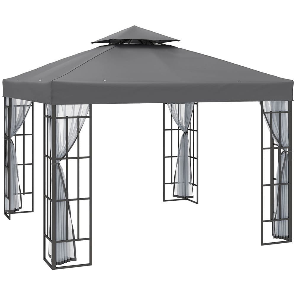 image-Outsunny 3 x 3(m) Patio Gazebo Canopy Garden Pavilion with 2 Tier Roof, Grey