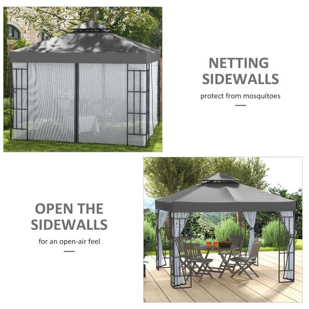 image-Outsunny 3 x 3(m) Patio Gazebo Canopy Garden Pavilion with 2 Tier Roof, Grey
