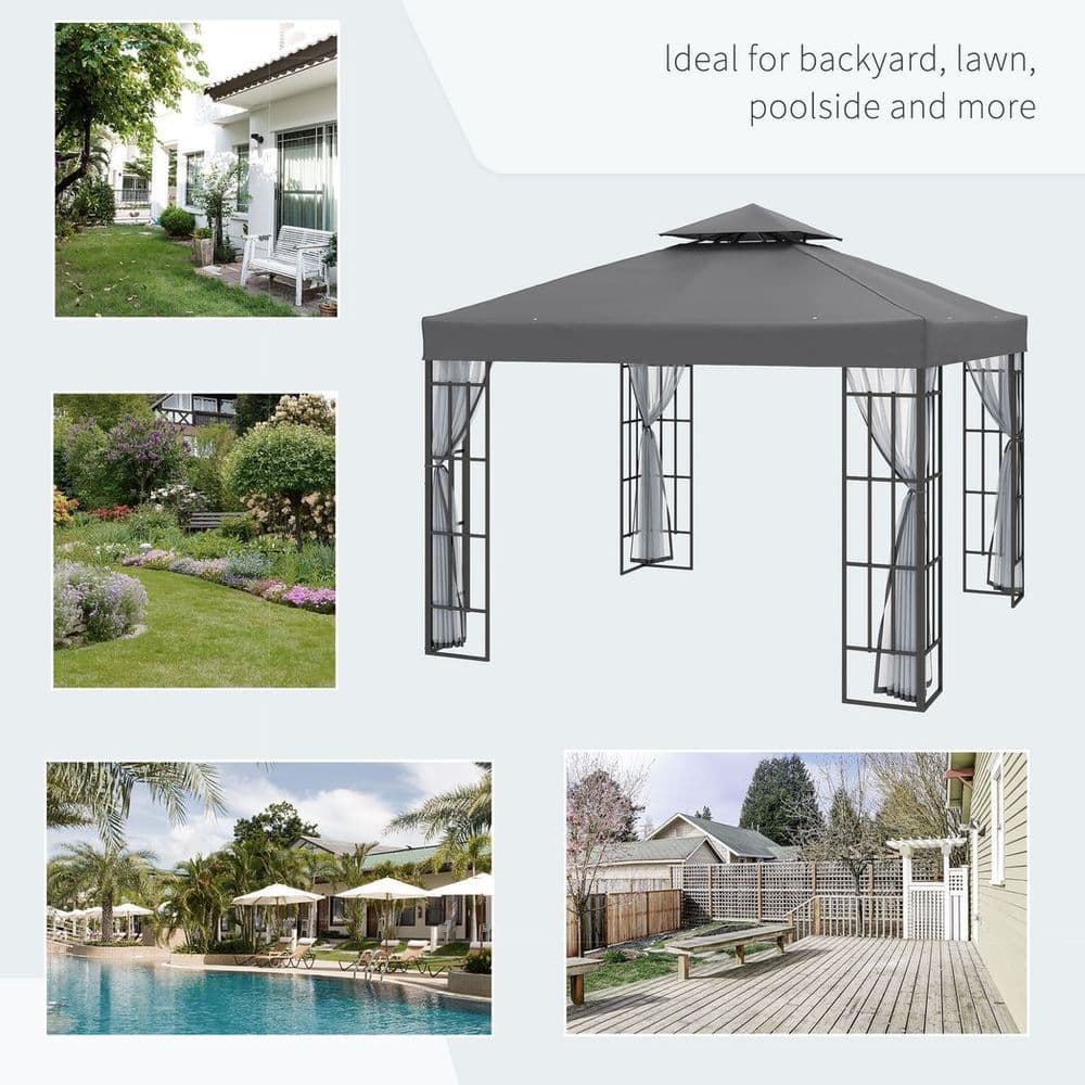 image-Outsunny 3 x 3(m) Patio Gazebo Canopy Garden Pavilion with 2 Tier Roof, Grey