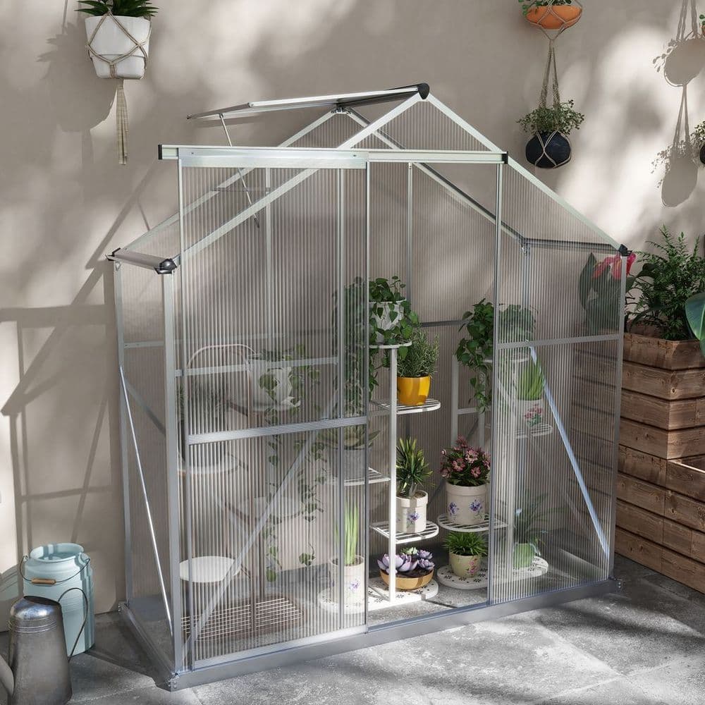 image-Outsunny 6 x 2.5ft Polycarbonate Greenhouse Aluminium Green House, Silver