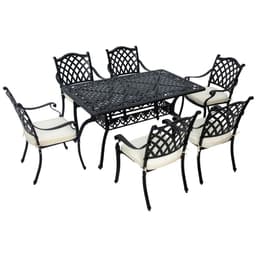 image-Outsunny 7-PC Cast Aluminium Patio Dining Set w/ Umbrella Hole & Cushion, Black