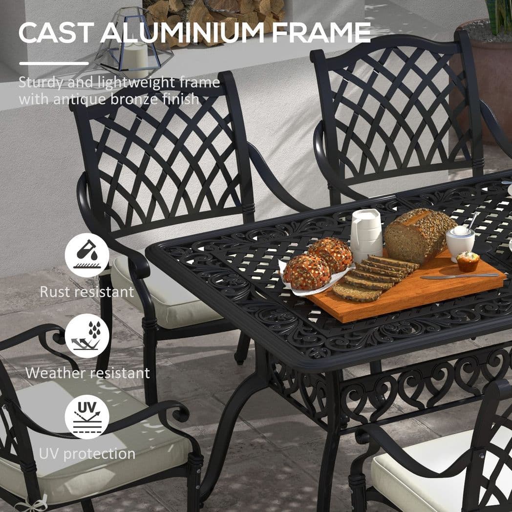image-Outsunny 7-PC Cast Aluminium Patio Dining Set w/ Umbrella Hole & Cushion, Black
