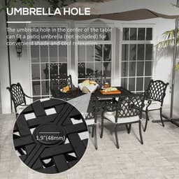 image-Outsunny 7-PC Cast Aluminium Patio Dining Set w/ Umbrella Hole & Cushion, Black