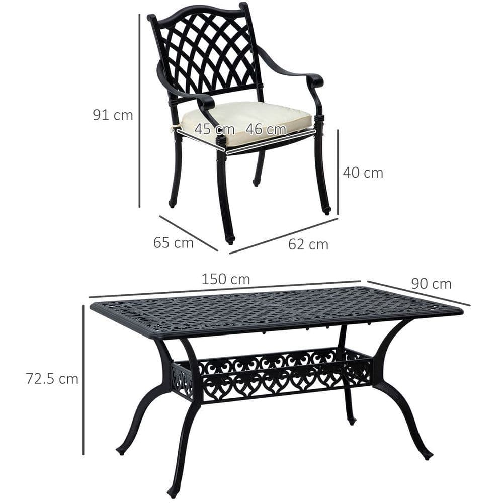 image-Outsunny 7-PC Cast Aluminium Patio Dining Set w/ Umbrella Hole & Cushion, Black