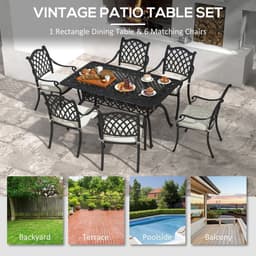 image-Outsunny 7-PC Cast Aluminium Patio Dining Set w/ Umbrella Hole & Cushion, Black