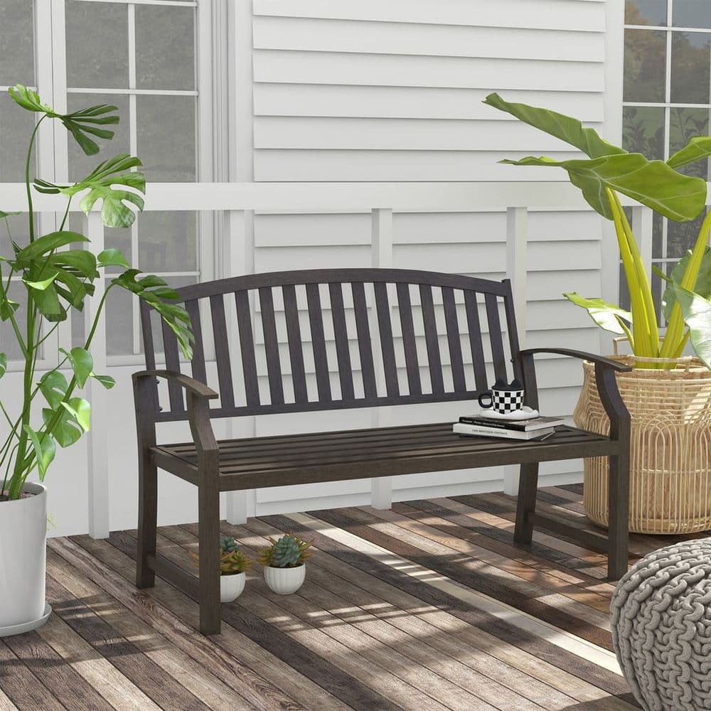 image-Outsunny Garden Bench with Slatted Seat and Backrest, Curved Armrest, Brown