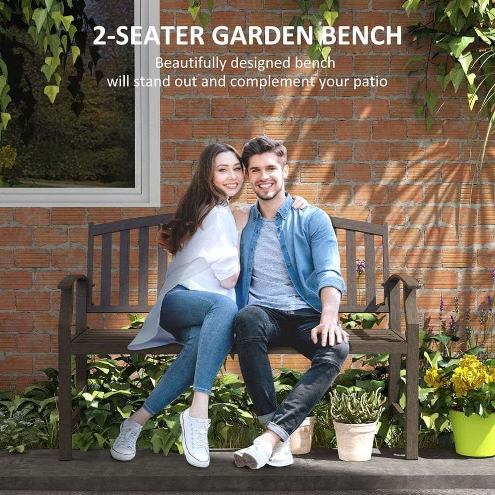 image-Outsunny Garden Bench with Slatted Seat and Backrest, Curved Armrest, Brown