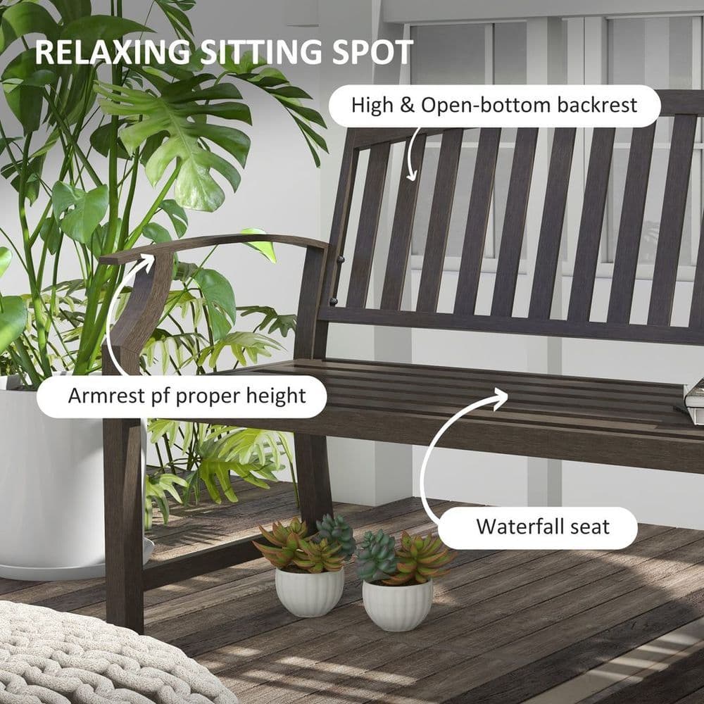 image-Outsunny Garden Bench with Slatted Seat and Backrest, Curved Armrest, Brown