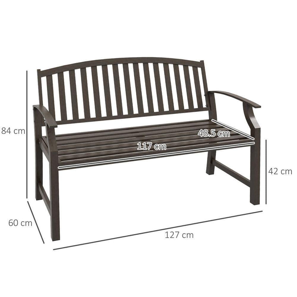 image-Outsunny Garden Bench with Slatted Seat and Backrest, Curved Armrest, Brown