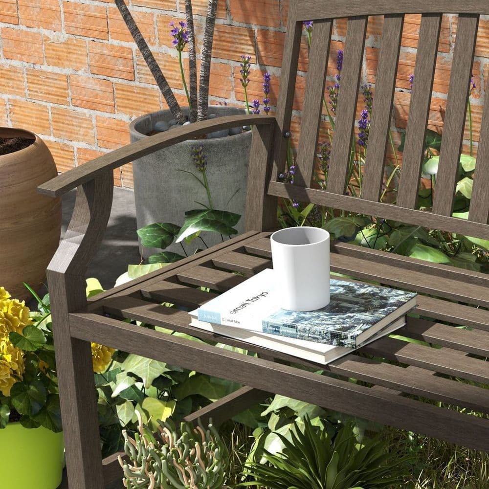 image-Outsunny Garden Bench with Slatted Seat and Backrest, Curved Armrest, Brown