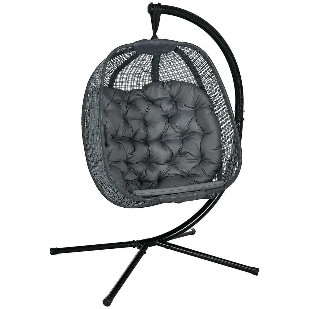 image-Outsunny Hanging Swing Chair w/ Thick Cushion, Patio Hanging Chair, Dark Grey