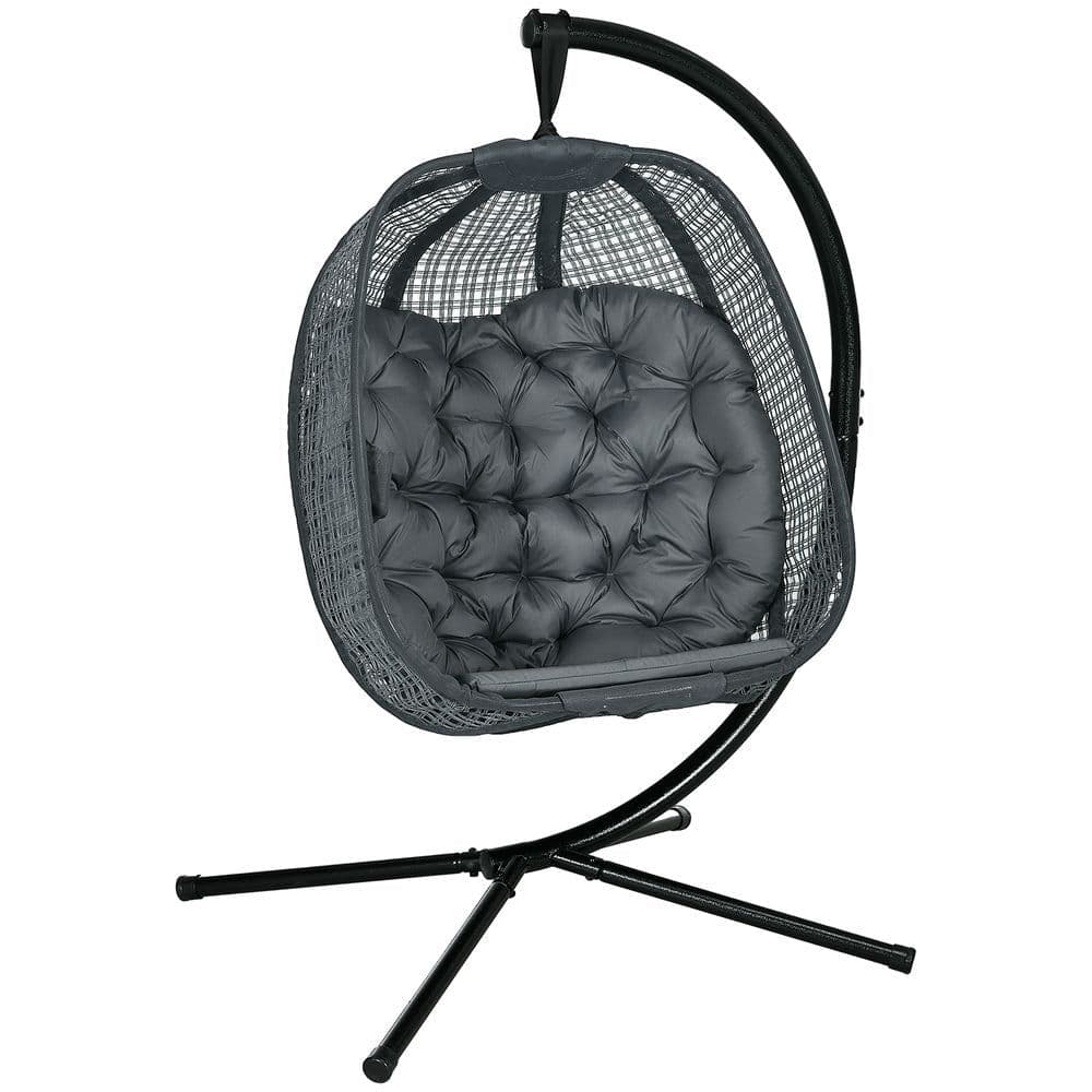 image-Outsunny Hanging Swing Chair w/ Thick Cushion, Patio Hanging Chair, Dark Grey