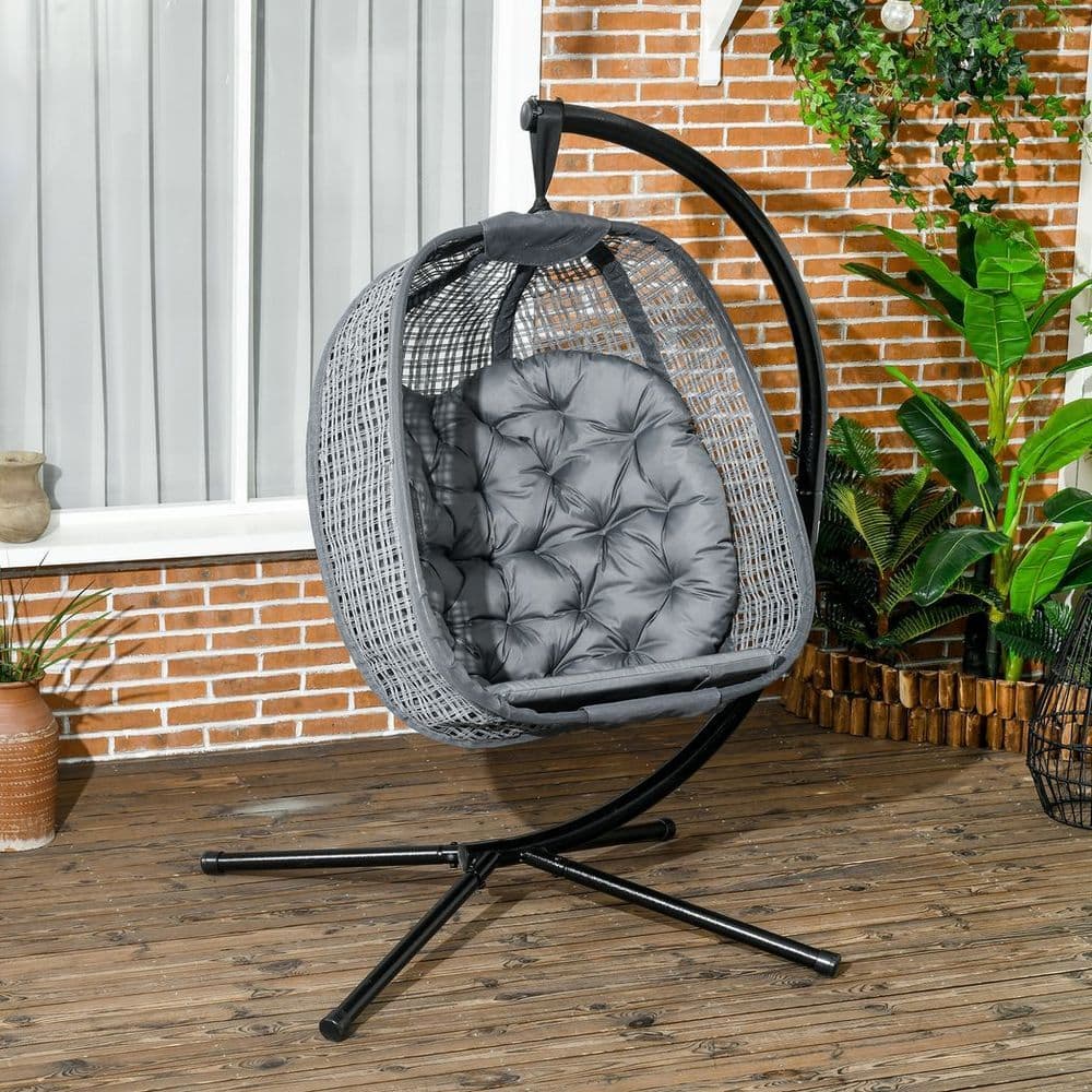 image-Outsunny Hanging Swing Chair w/ Thick Cushion, Patio Hanging Chair, Dark Grey