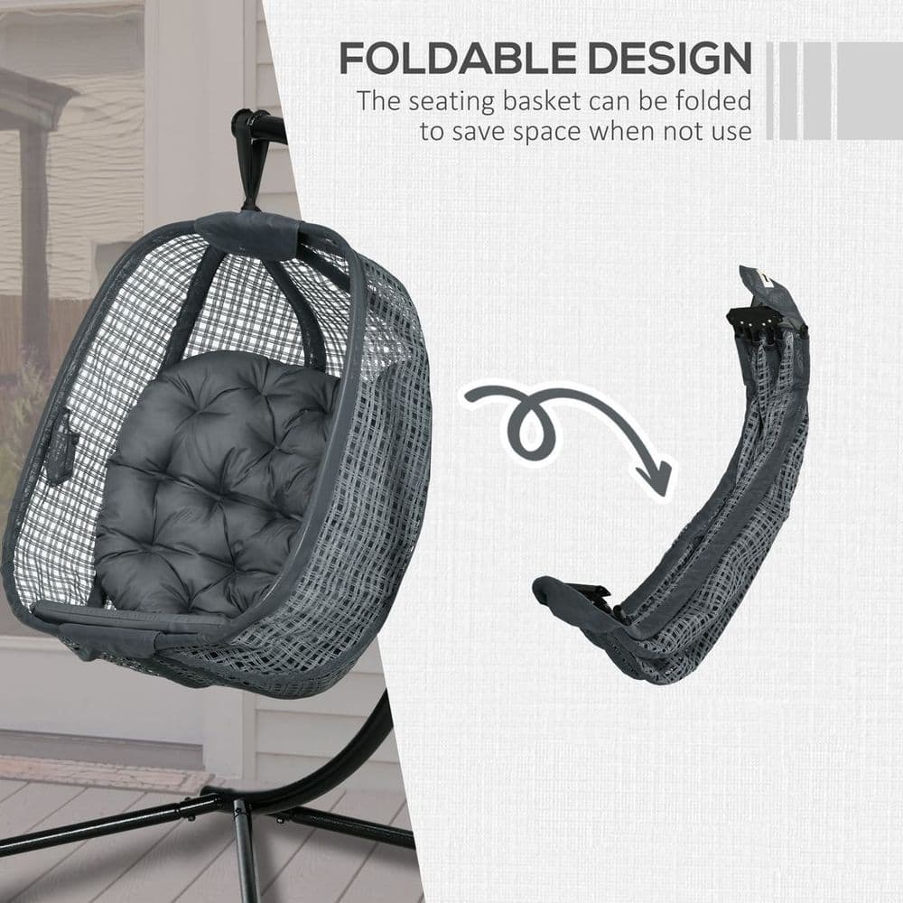 image-Outsunny Hanging Swing Chair w/ Thick Cushion, Patio Hanging Chair, Dark Grey