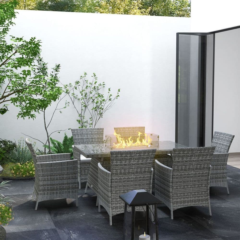 image-Outsunny PE Rattan Dining Set with Fire Pit Table and Cushioned Armchairs, Grey