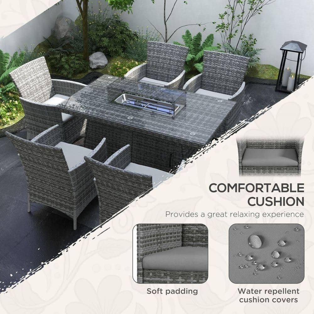 image-Outsunny PE Rattan Dining Set with Fire Pit Table and Cushioned Armchairs, Grey