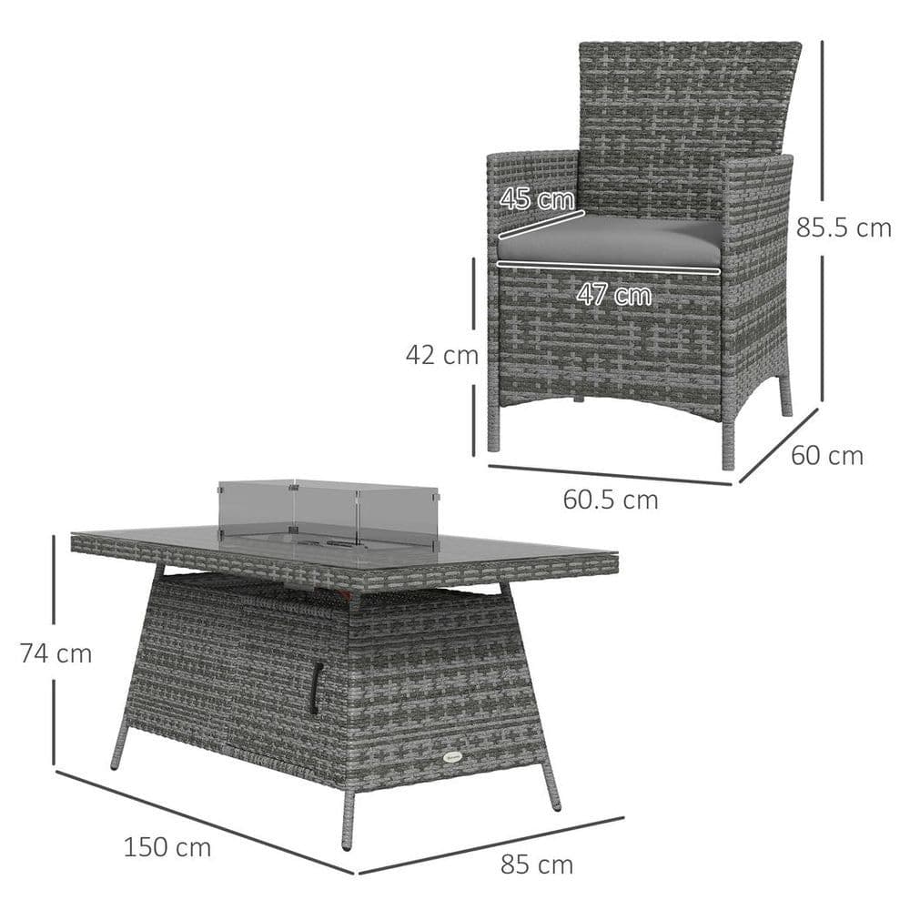 image-Outsunny PE Rattan Dining Set with Fire Pit Table and Cushioned Armchairs, Grey