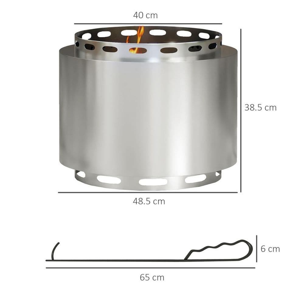image-Outsunny 48.5cm Smokeless Wood Burning Firepit Stainless Steel Fire Pit, Silver