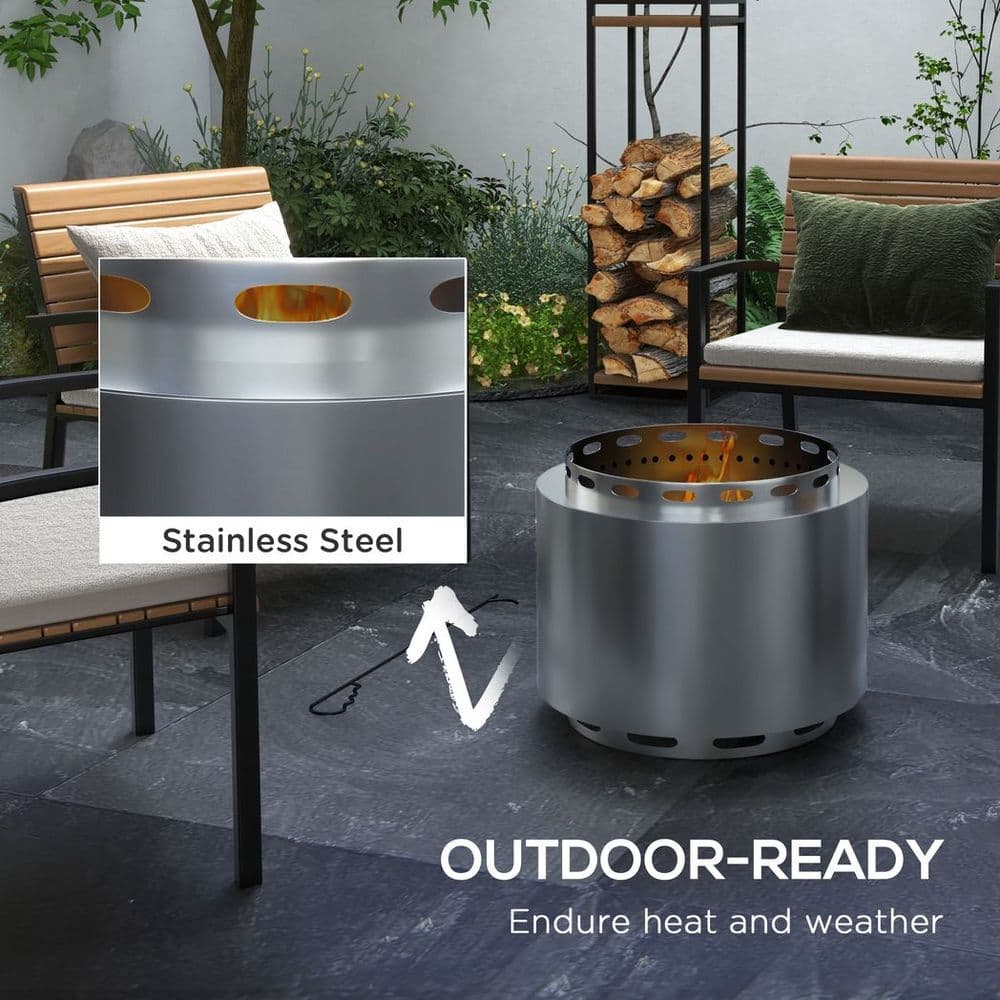 image-Outsunny 48.5cm Smokeless Wood Burning Firepit Stainless Steel Fire Pit, Silver