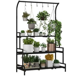 image-Outsunny 3 Tiered Plant Rack Stand with Hanging Hooks for Indoor Outdoor Use