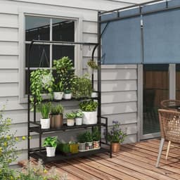 image-Outsunny 3 Tiered Plant Rack Stand with Hanging Hooks for Indoor Outdoor Use