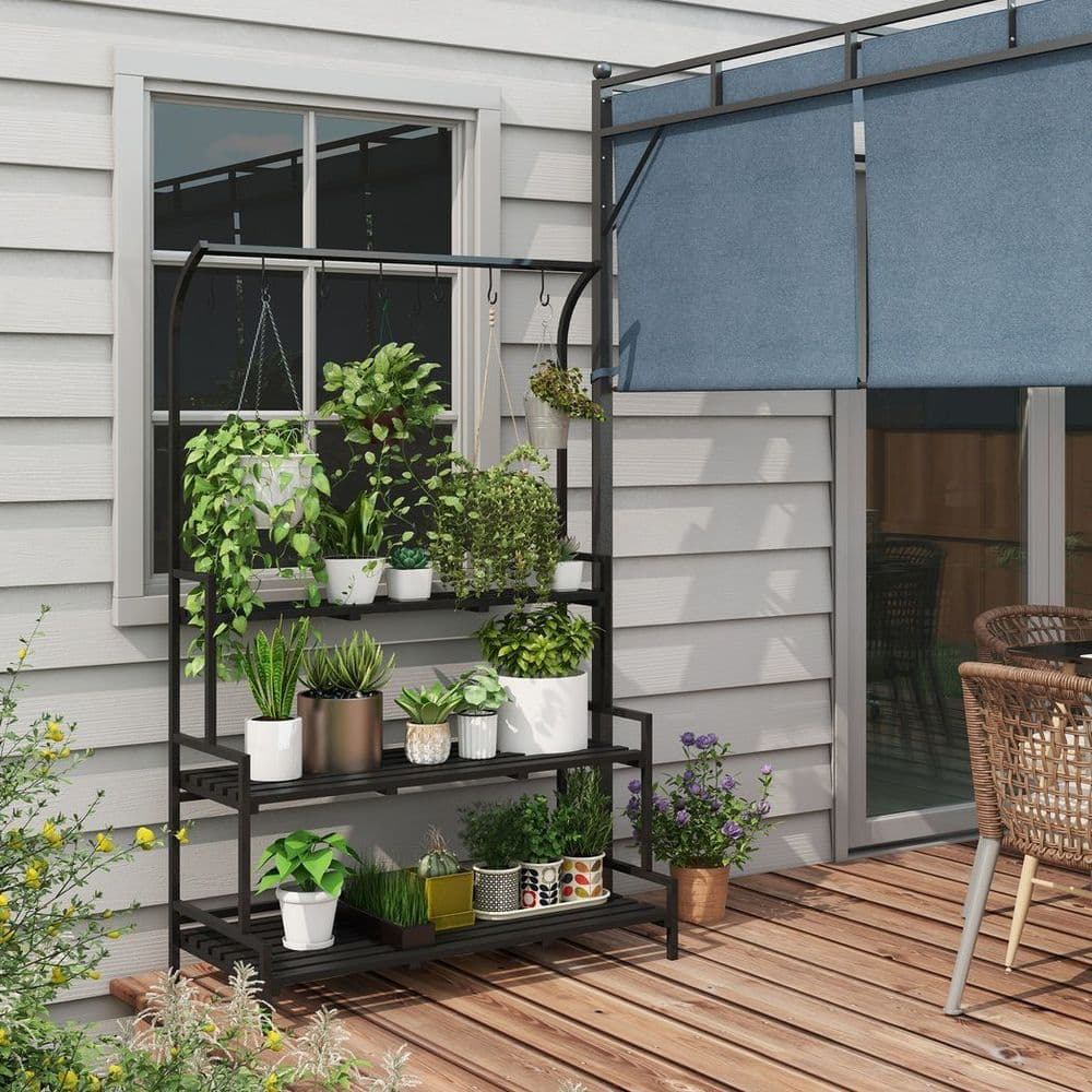 image-Outsunny 3 Tiered Plant Rack Stand with Hanging Hooks for Indoor Outdoor Use