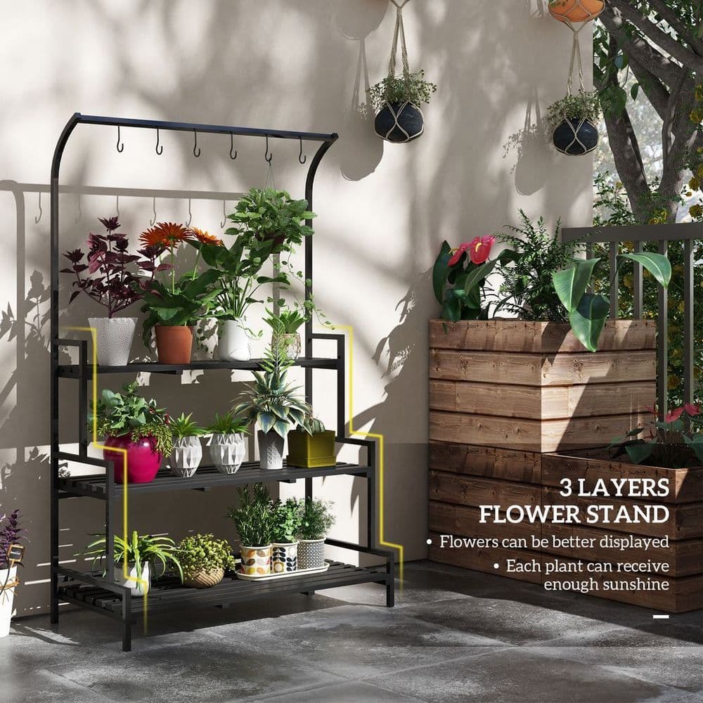 image-Outsunny 3 Tiered Plant Rack Stand with Hanging Hooks for Indoor Outdoor Use