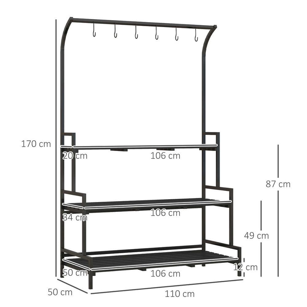 image-Outsunny 3 Tiered Plant Rack Stand with Hanging Hooks for Indoor Outdoor Use
