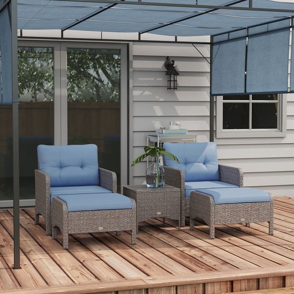 image-Outsunny 5 Pieces Outdoor Patio Furniture Set Wicker Conversation Set Blue