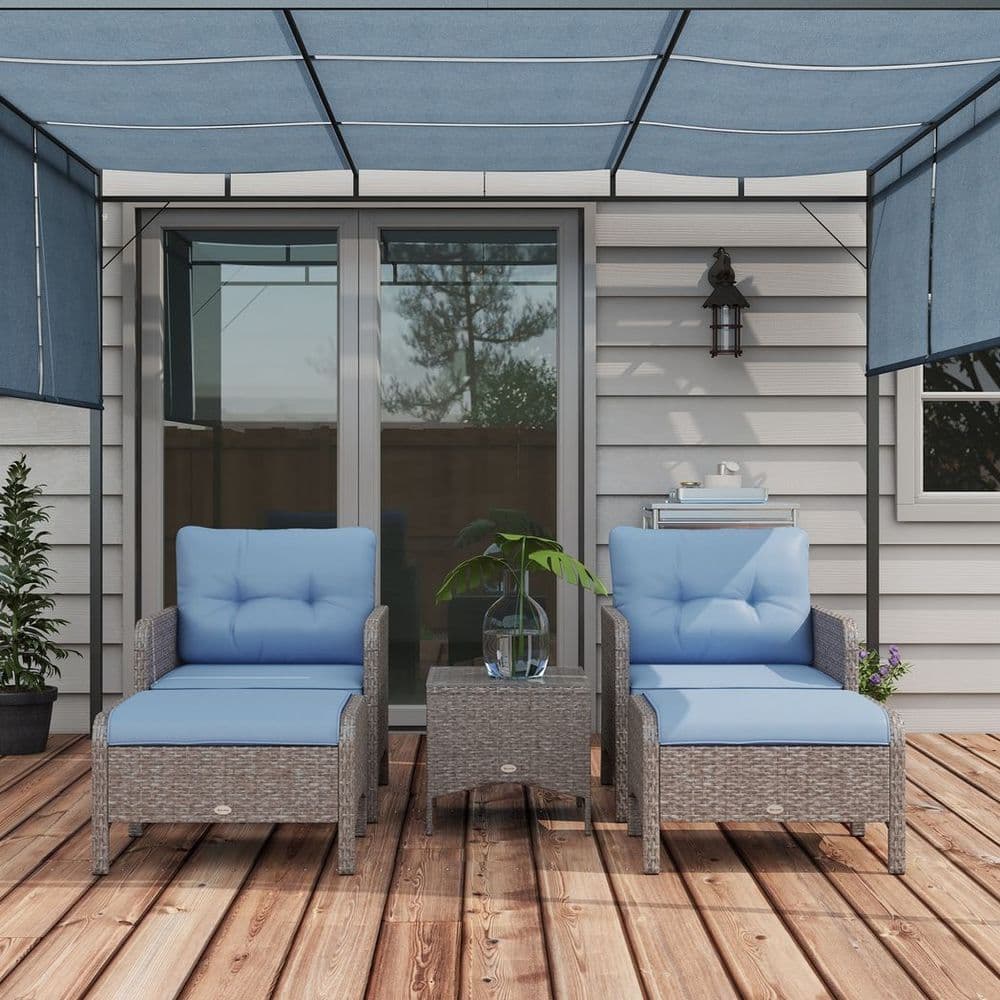 image-Outsunny 5 Pieces Outdoor Patio Furniture Set Wicker Conversation Set Blue