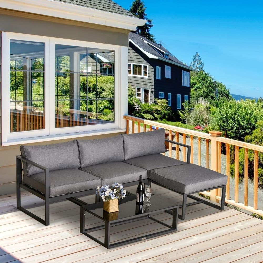 image-Outsunny 5-Piece Outdoor Patio Set Padded Cushion Coffee Table Aluminum Tube