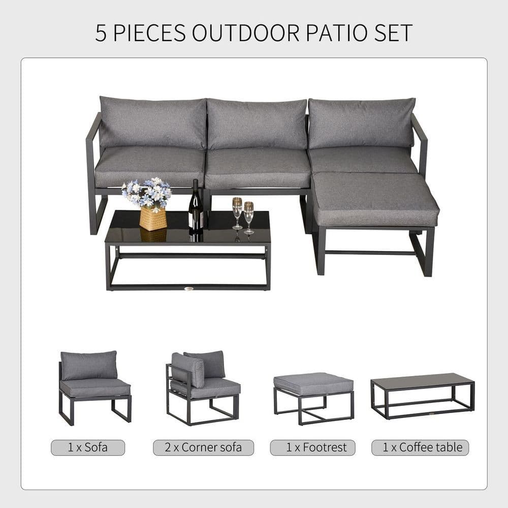 image-Outsunny 5-Piece Outdoor Patio Set Padded Cushion Coffee Table Aluminum Tube