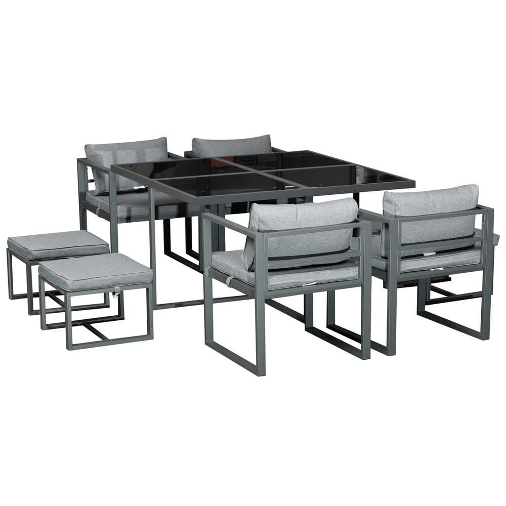 image-Outsunny 9PCs Patio Dining Sets 4 Chairs 4 Ottoman Cushioned Seating and Back