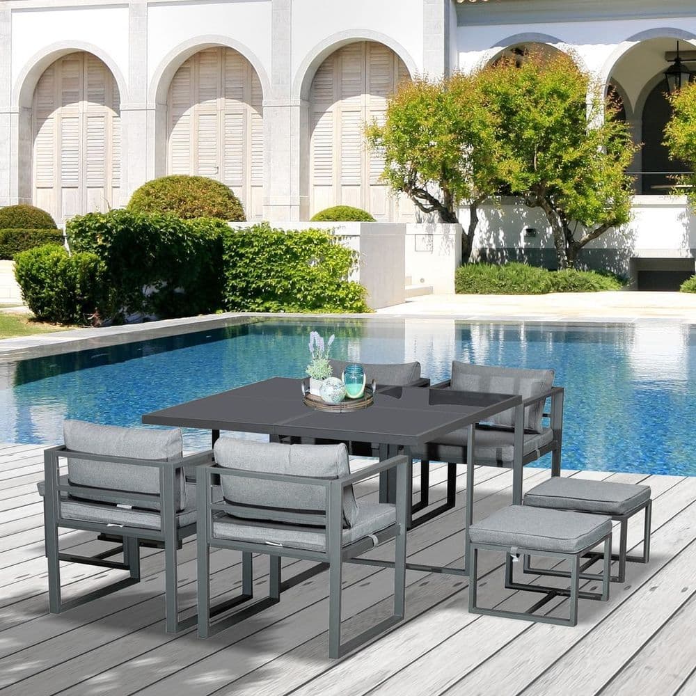 image-Outsunny 9PCs Patio Dining Sets 4 Chairs 4 Ottoman Cushioned Seating and Back