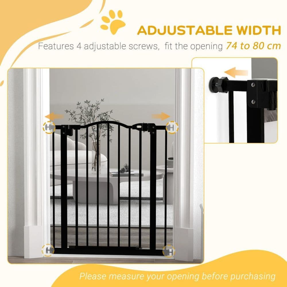 image-PawHut 74-80cm Adjustable Metal Pet Gate Safety Barrier w/ Auto-Close Black
