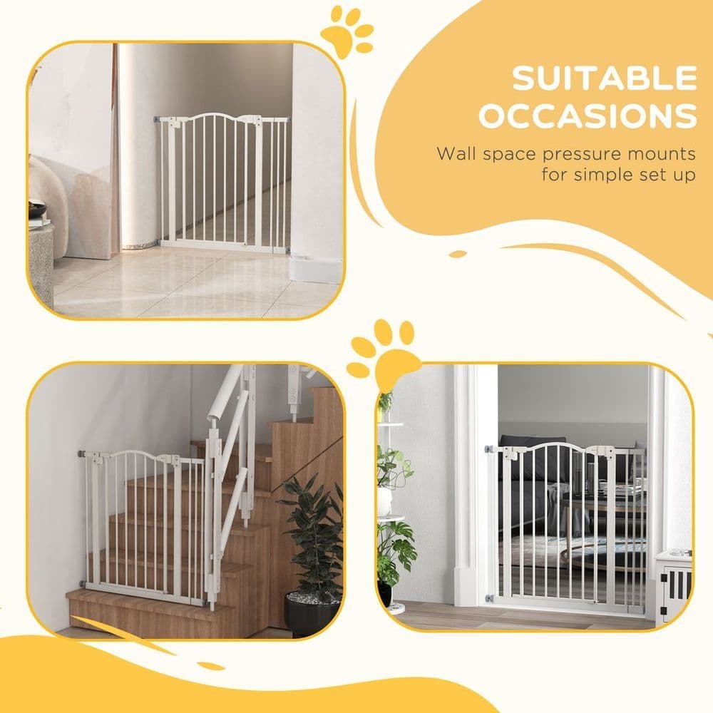 image-PawHut 74-87cm Adjustable Metal Pet Gate Safety Barrier w/ Auto-Close White